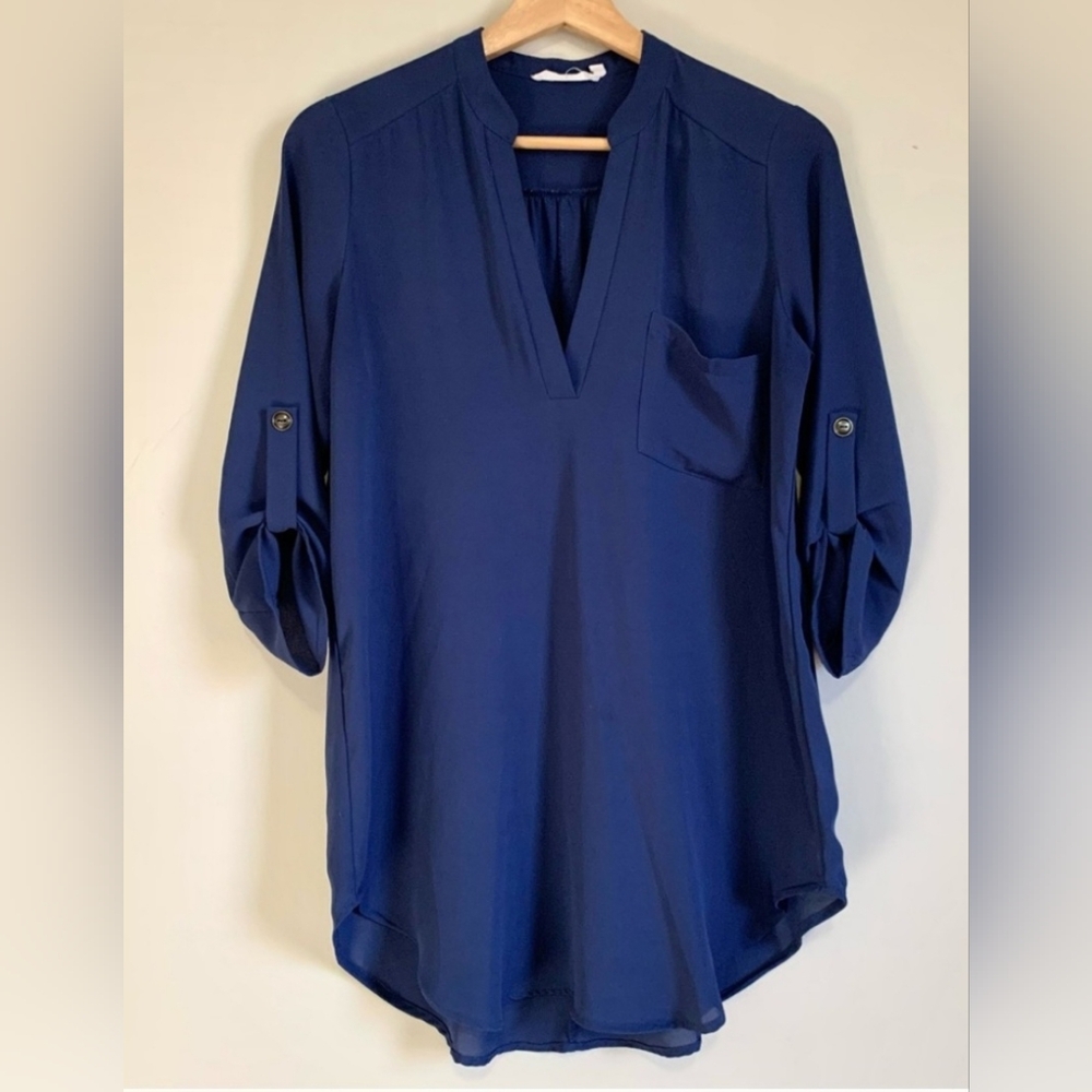 Lush Deep Blue Blouse with Roll-Up Sleeves
